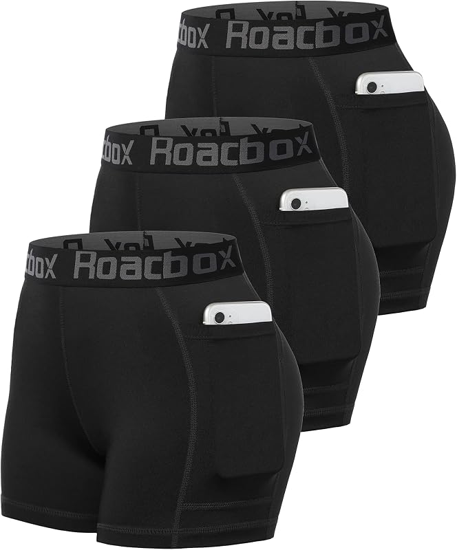 Roadbox Pantalones cortos de voleibol de spandex para mujer de 3 pulgadas con bolsillo/sin bolsillo, paquete de 2/3 pantalones cortos de compresión para entrenamiento, correr, gimnasio, yoga