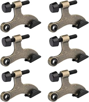 HOMOTEK 6 Pack Hinge Pin Antique Brass Door Stopper, Adjustable Deluxe Heavy Duty Door Stopper 2-1/2x1-3/4, with Black Rubber Bumper Tips