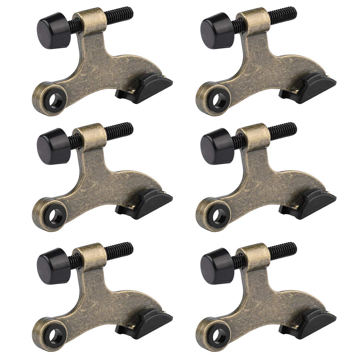 HOMOTEK 6 Pack Hinge Pin Antique Brass Door Stopper, Adjustable Deluxe Heavy Duty Door Stopper 2-1/2"x1-3/4”, with Black Rubber Bumper Tips