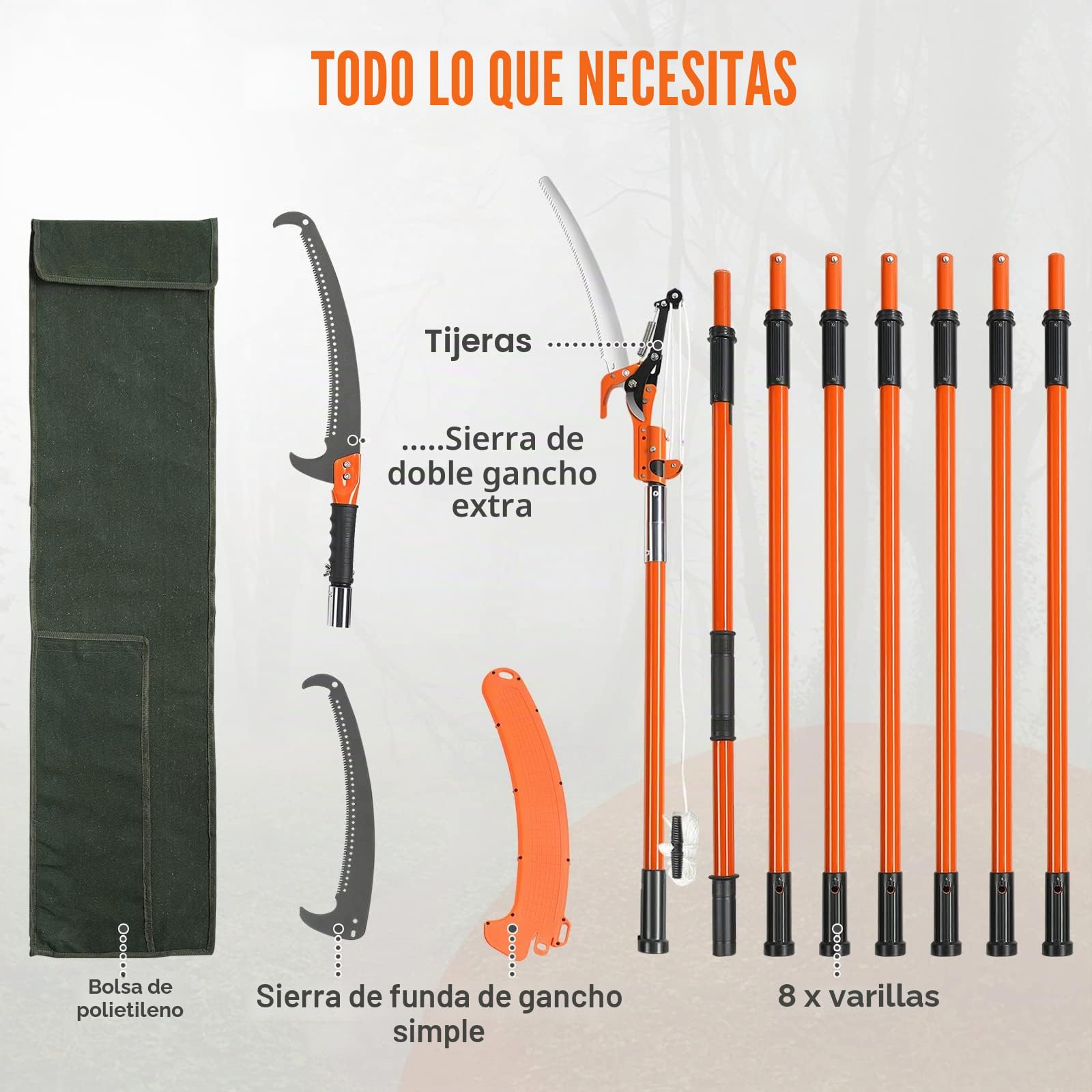 VEVOR Sierra de Poda Telescópica Sierra de Pértiga Extensible de 2,24-8,24m Sierra de Poda con Hoja de Acero Afilada con 8 Postes Tijeras de Fibra de Vidrio para Cortar Ramas Altas para Podar Palmeras