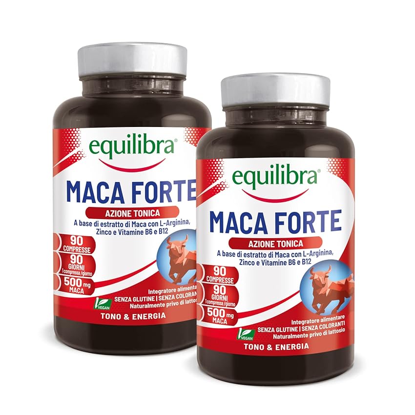 Equilibra Integratori Alimentari, Maca Forte, Tono e Vigore Fisico, Integratore Altodosato con Estratto di Radice di Maca Peruviana 500mg, L-Arginina, Zinco, Vitamine B6 e B12, 2 pezzi da 90 Compresse