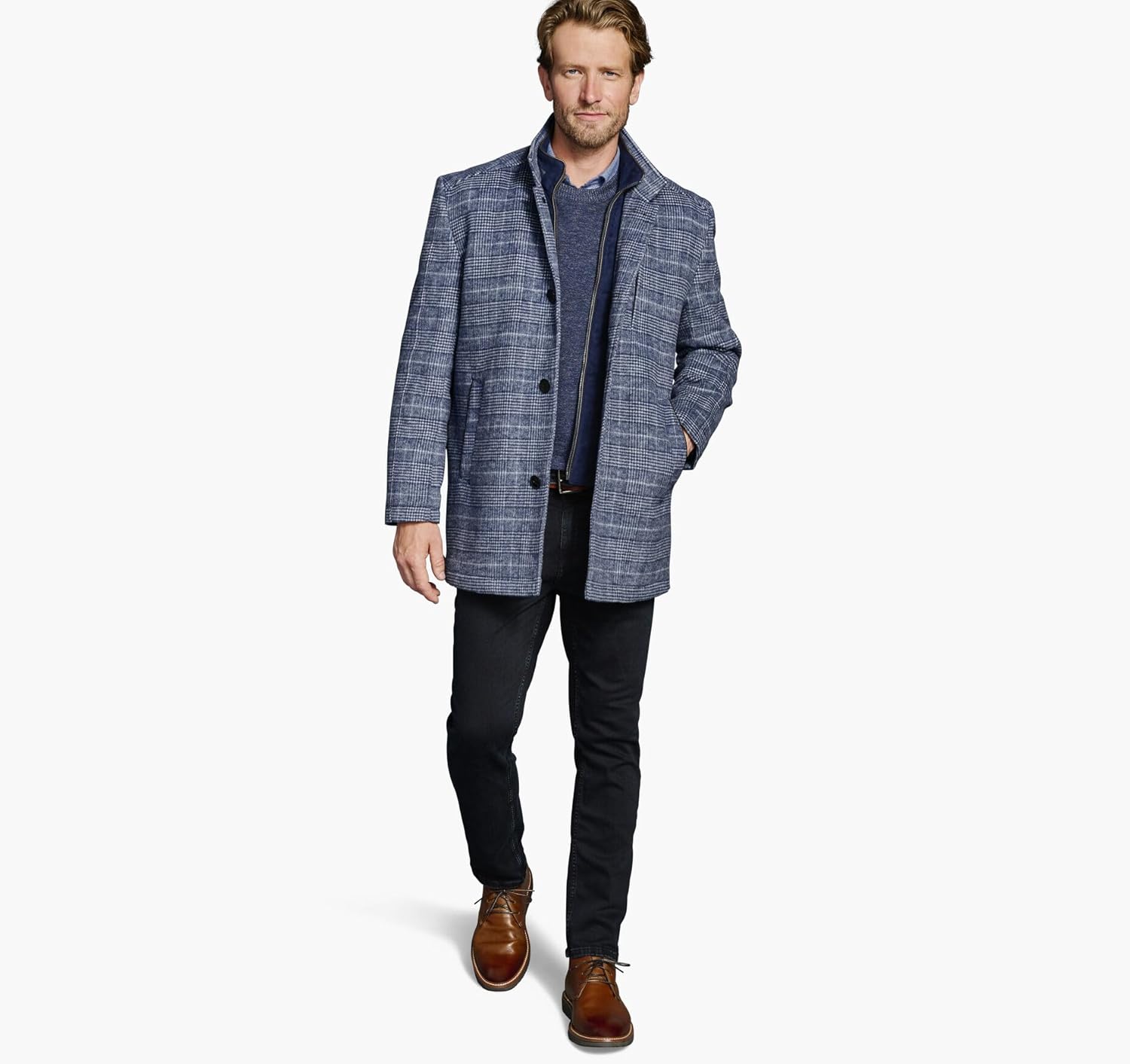 Johnston & Murphy Wool Car Coat with Bib Navy Plaid MD - Image 2