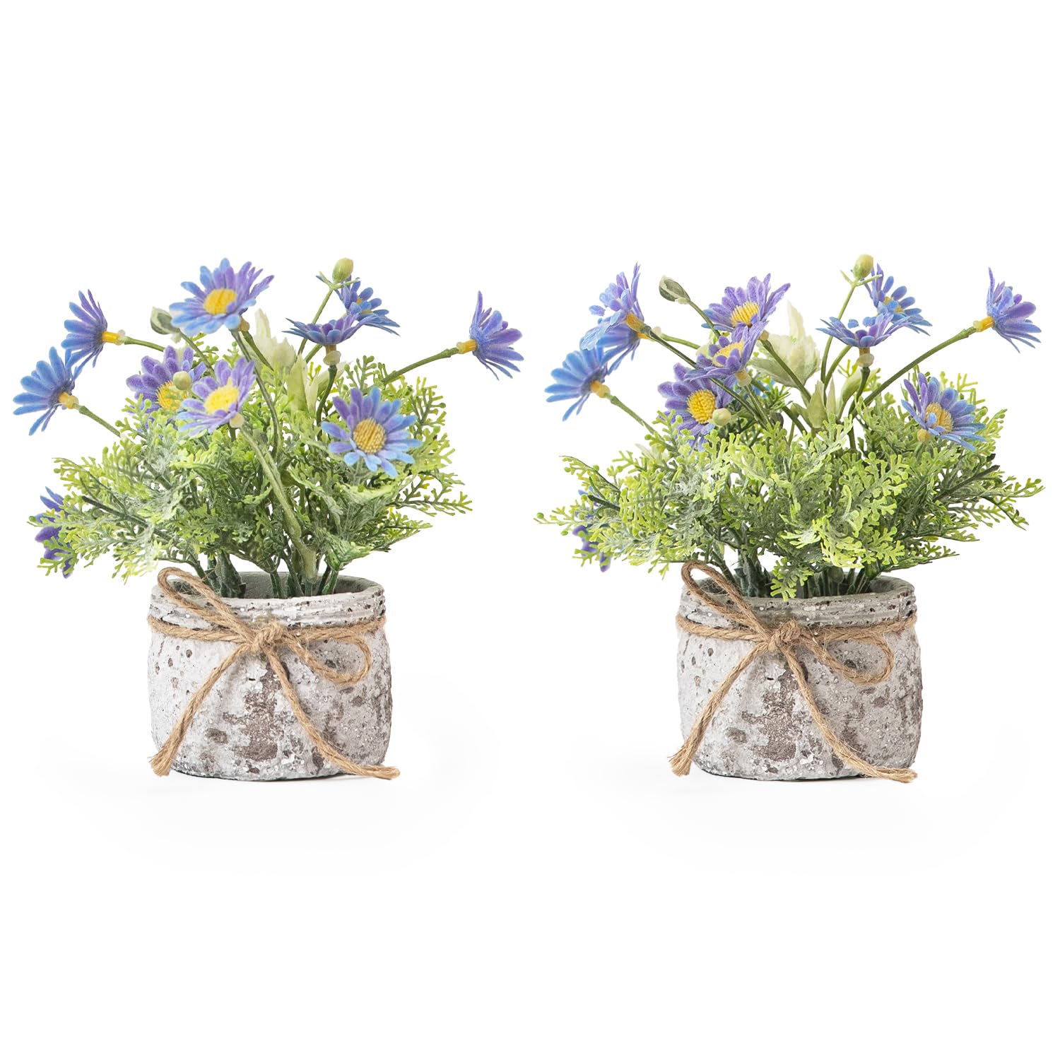 Daisy Artificial Flowers in Cement Vases 2Pcs,Daisies Faux Flowers Farmhouse Home Coffee Table Bookshelf Office Desk Decorations Kitchen Dining Room Fake Plants Indoor(Blue)