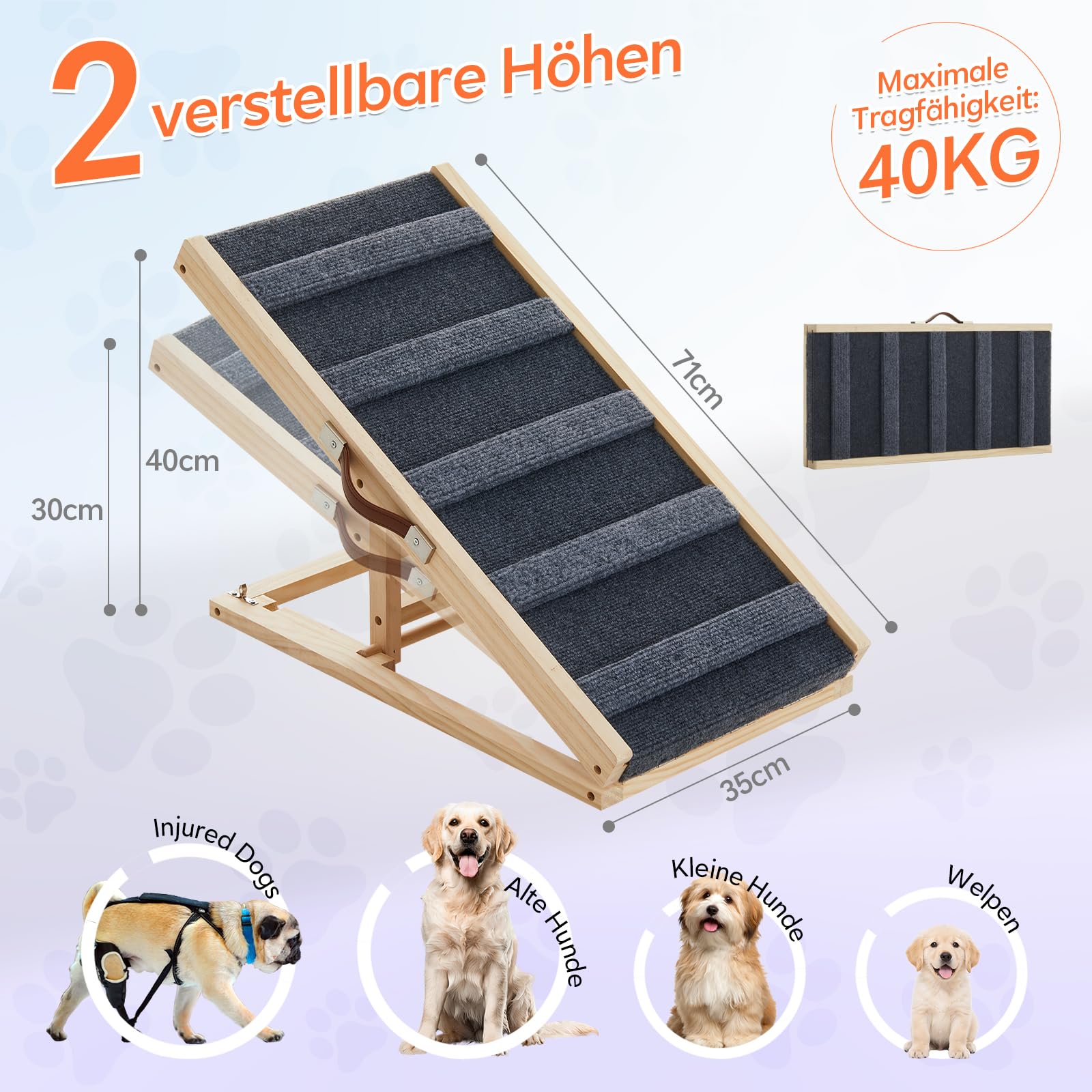Tukailai Hunderampe aus Holz 70cm Lang Hundetreppe für Bett Sofa Auto Klappbare 2 Höhenverstellbar Haustierrampe mit Rutschfestem Teppich und Querstangen,40kg Tragfähigkeit für kleine Hunde Rampe
