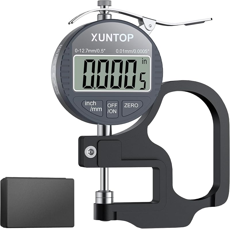 XUNTOP Digital Thickness Gauge 0.5inch/0.0005inch(12.7mm/0.01mm) Thickness Meter with LCD Display, Unit Conversion, Storage Case for Paper Plastic Leather Metal Wire