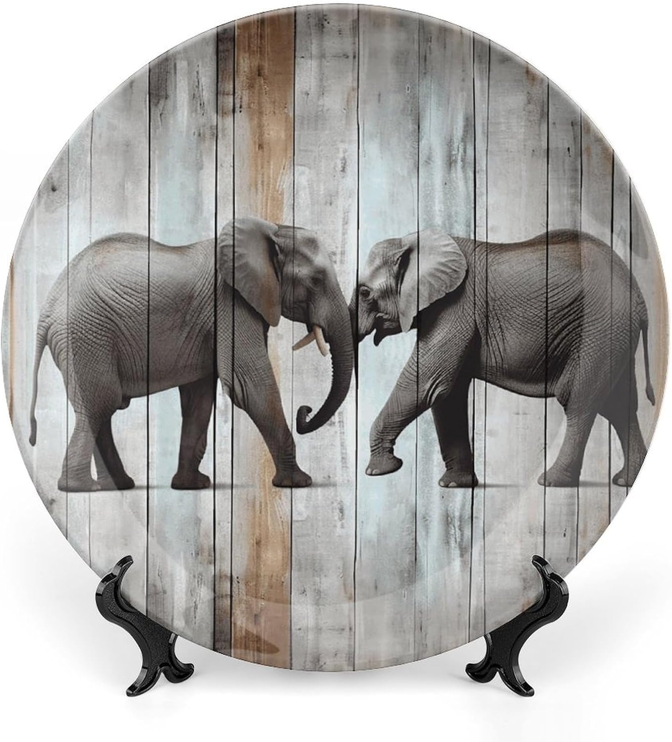Elephant on Wood Bone China Decorative Plate with Stand 6inch