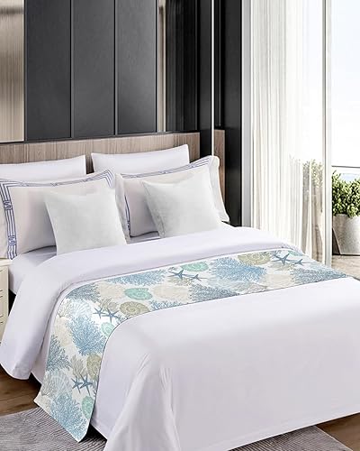 Miniatura 4 de Caminos de cama azul y verde azulado coral para cama tamaño Queen, mantas de cama para pie de cama, playa de verano, estrellas de mar, costero,