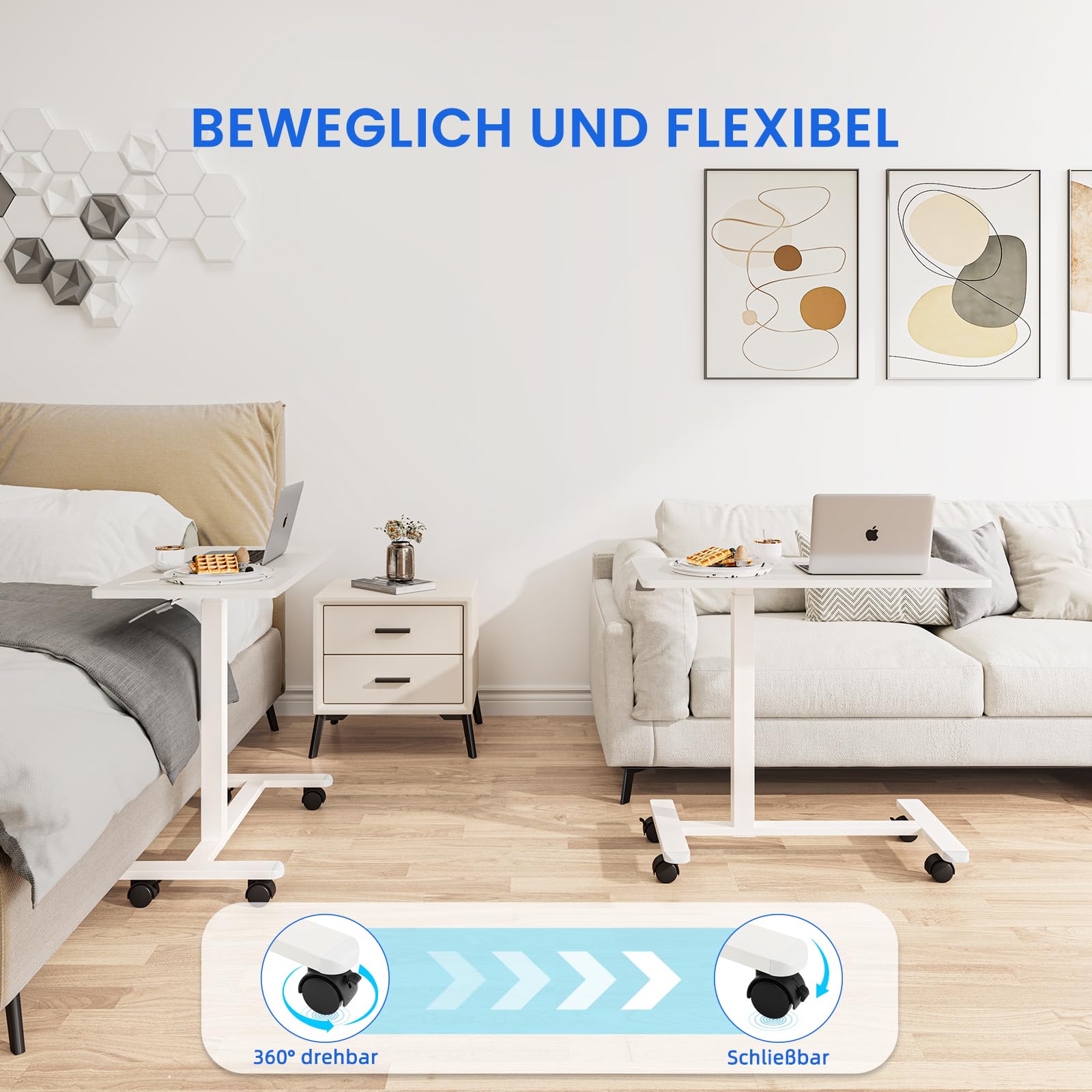 Dripex Tavolino regolabile in altezza con ruote, tavolo per la cura del letto, tavolo per computer in legno, piccolo tavolo da letto su ruote, comodino per soggiorno, camera da letto, bianco