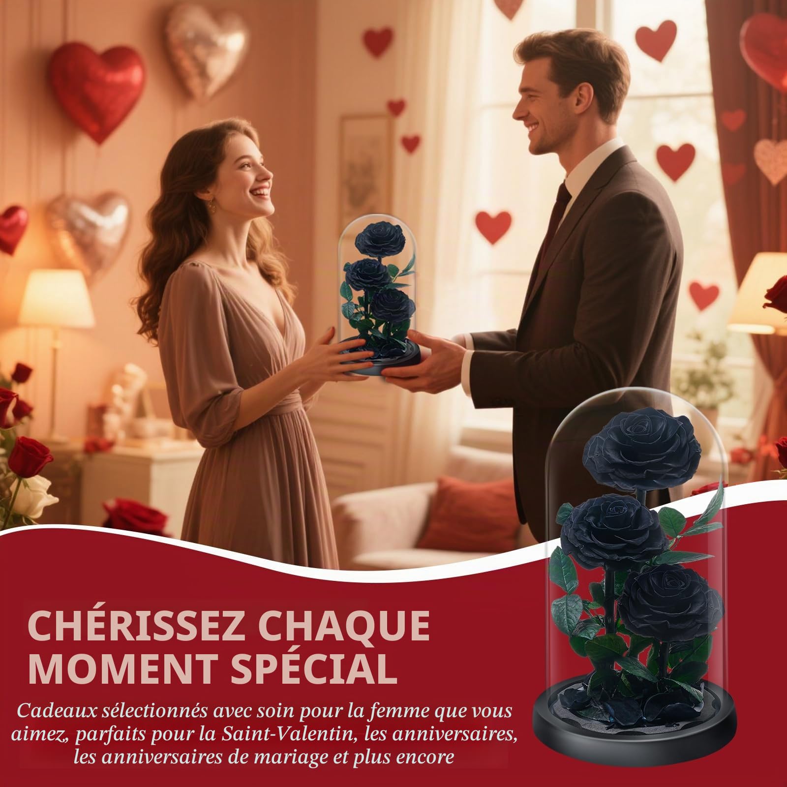 Rose Éternelle sous Cloche, Naturelle Fleur Eternelle Cadeau, Idée Boite Rose Eternel, Cadeau pour la Saint-Valentin, Fête des Mères, Noël, Anniversaire, Femme, Copine, Amie, Maman, Grand Mere