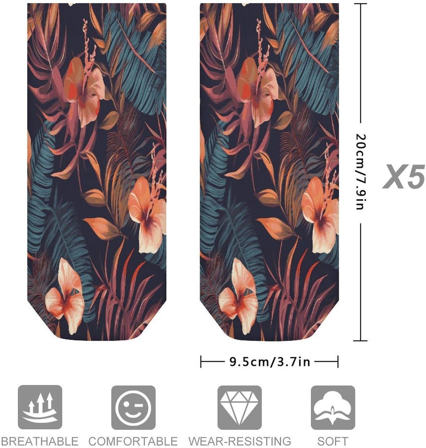 Tropical Flower Ankle Socks for Men Women 5 Pairs | Comfortable Casual Low Cut Socks, Lightweight No Show Breathable Athletic Socks, Soft Mini Crew Socks for All Seasons