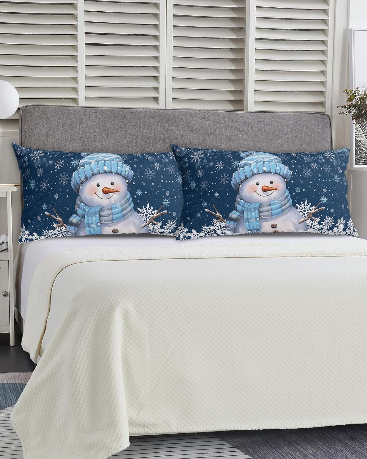 Navy Blue Snowman King Size Pillowcases,Soft Bed Throw Pillow Covers Sham Decorative Sofa Couch Long Body Lumbar Bolster Cushion Case with Envelope Closure,Winter Christmas Fantasy Snowflake 20"x40"