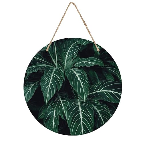 DJUETRUI Green Long Leaves Round Wood Wall Art, 7.9 Inch