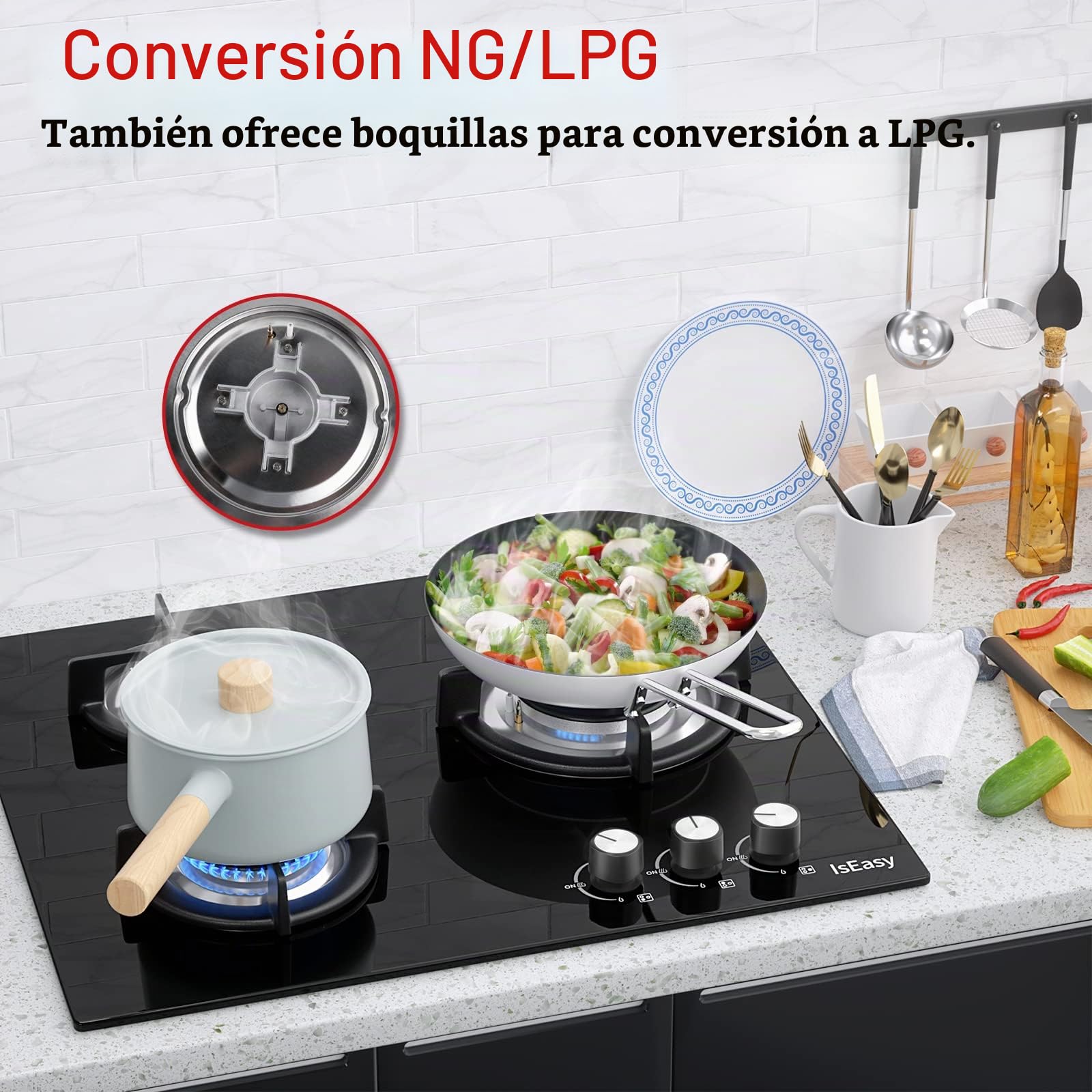 IsEasy Placa de Gas 3 Fuegos Negro, Encimera de Gas Butano/Natural/Propano,7750W, 60 cm