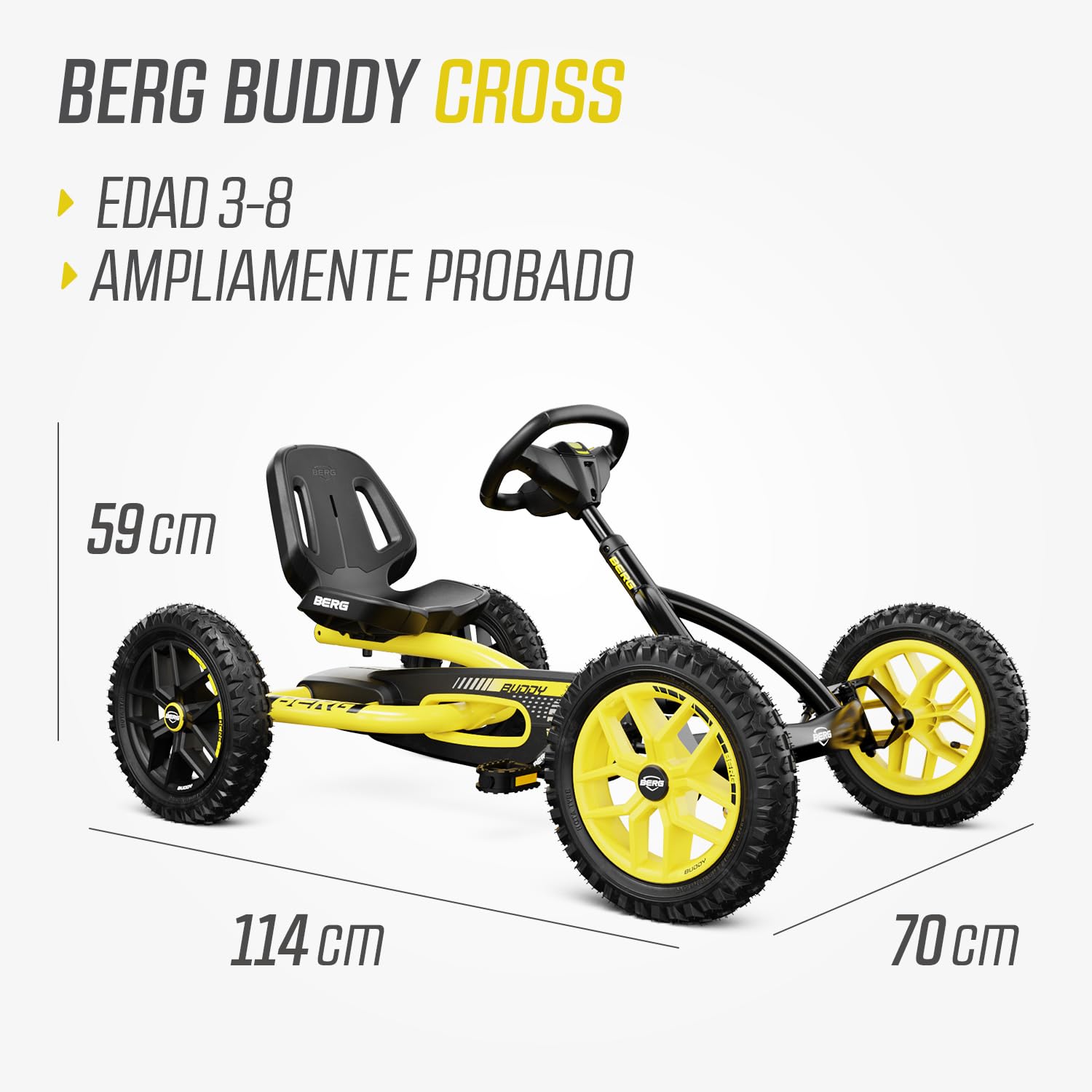 BERG Kart a Pedales Buddy Cross | Amarillo, 3-8 años, cuadro resistente, asiento regulable, volante regulable