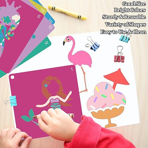 Miniatura 3 de LanMa 30 plantillas de dibujo para niños y niñas, plantillas coloridas de pintura de plástico de 8 x 8 pulgadas, tiza para acera