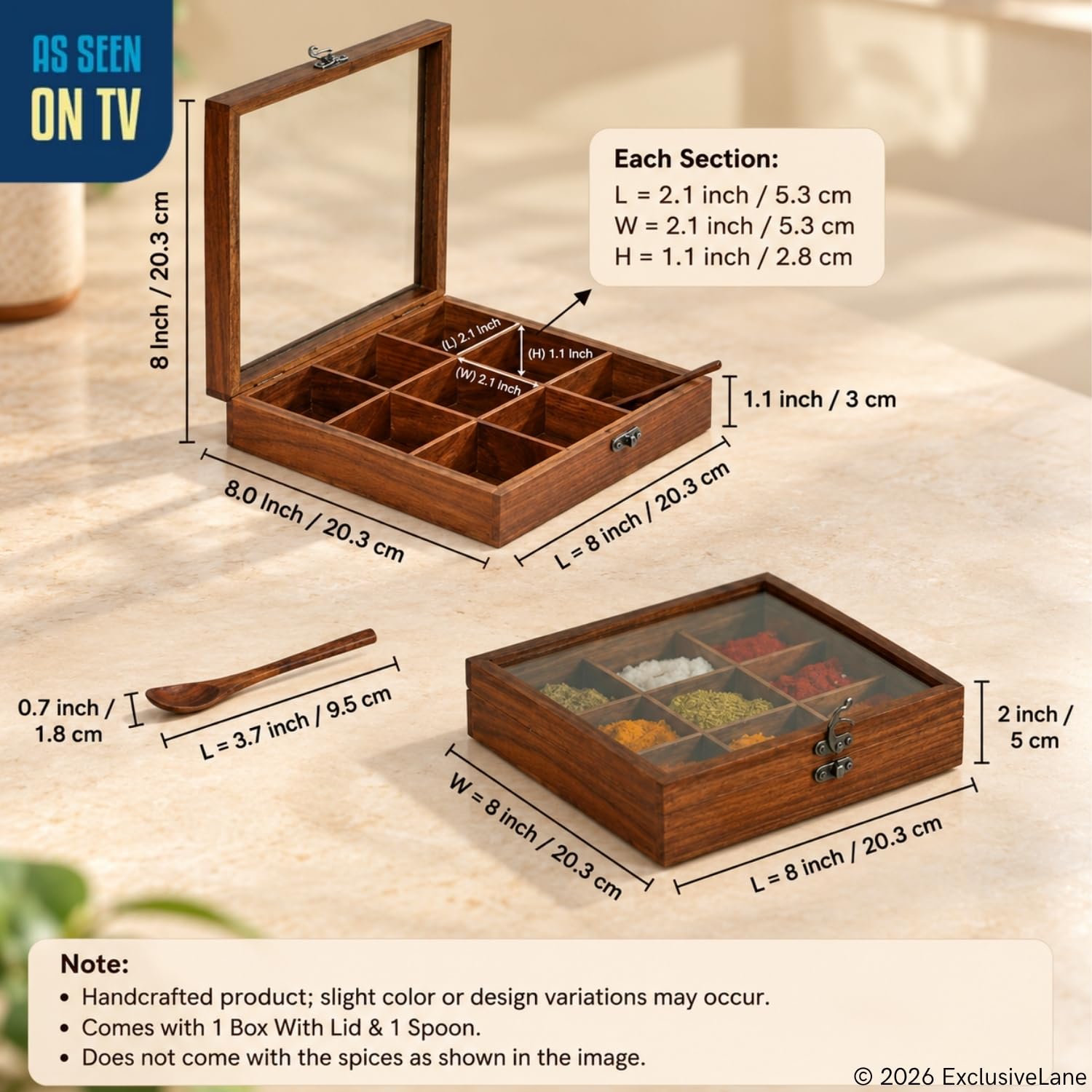 ExclusiveLane Sheesham Wooden Spice Box for Kitchen with Spoon (Non Removable Partitions, 50 ml, Brown) |Wooden Masala Box for Kitchen Dabba Dani Masala Container Spice Box Wooden Namak Masala Dani — Amazon image 8