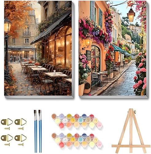 askkqtx Paquete de 2 Kits de Pintura por Números Enmarcados para Adultos - con Caballete de Madera, Kit de Pintura de Paisaje por Números para