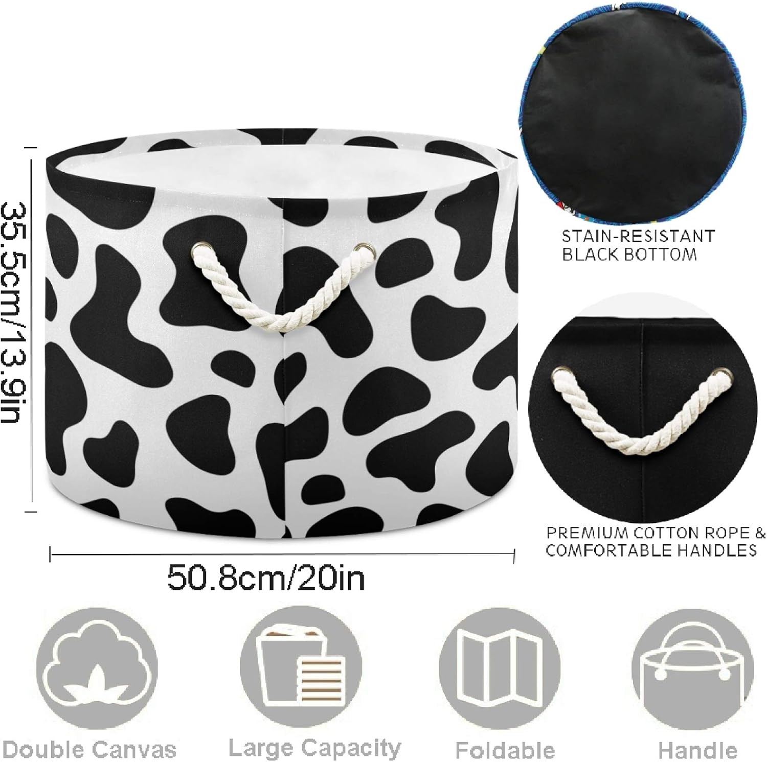 Visesunny Canvas Fabric Cow Spot Nursery Hamper Toy Storage Organizer Bin Waterproof Laundry Basket for Kid Rooms, Playroom, Shelves, Gift Basket