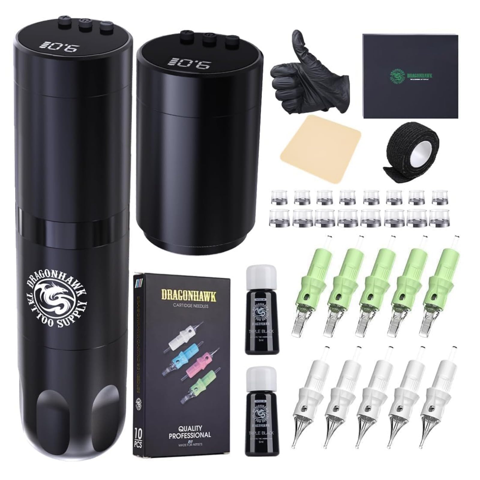 Dragonhawk Cordless Tattoo Gun Kit Complete Tattoo Kit, Pro Tattoo Pen Machine with 2 Tattoo Batteries Power, 20 Tattoo Needles Cartridges Set for Beginners