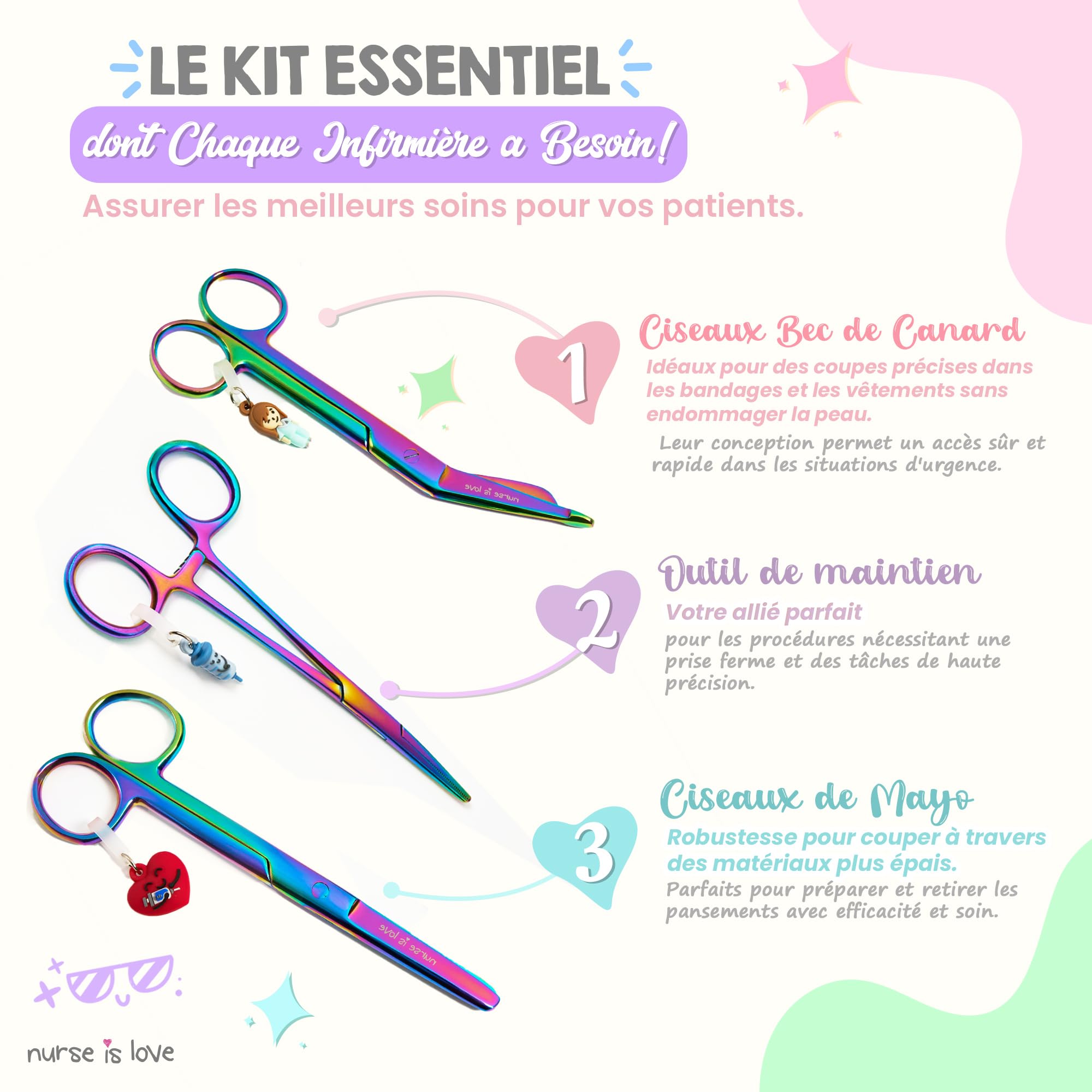 Nurse is Love Set 3 pièces Ciseaux Infirmiers Pico de Pato & Droits Mayo + Outil de Fixation | Ciseaux à Pointe Roma, Accessoires Infirmière, Premiers Secours - Cromium