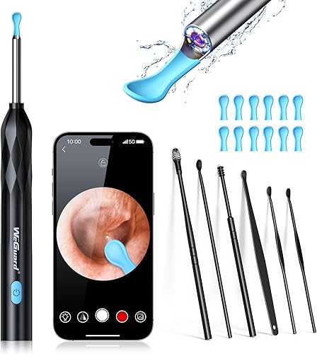 Eliminación de cera de oídos, limpiador de oídos WeGuard con cámara mejorada de 1440p, kit de eliminación de cera de oídos, otoscopio de cámara de