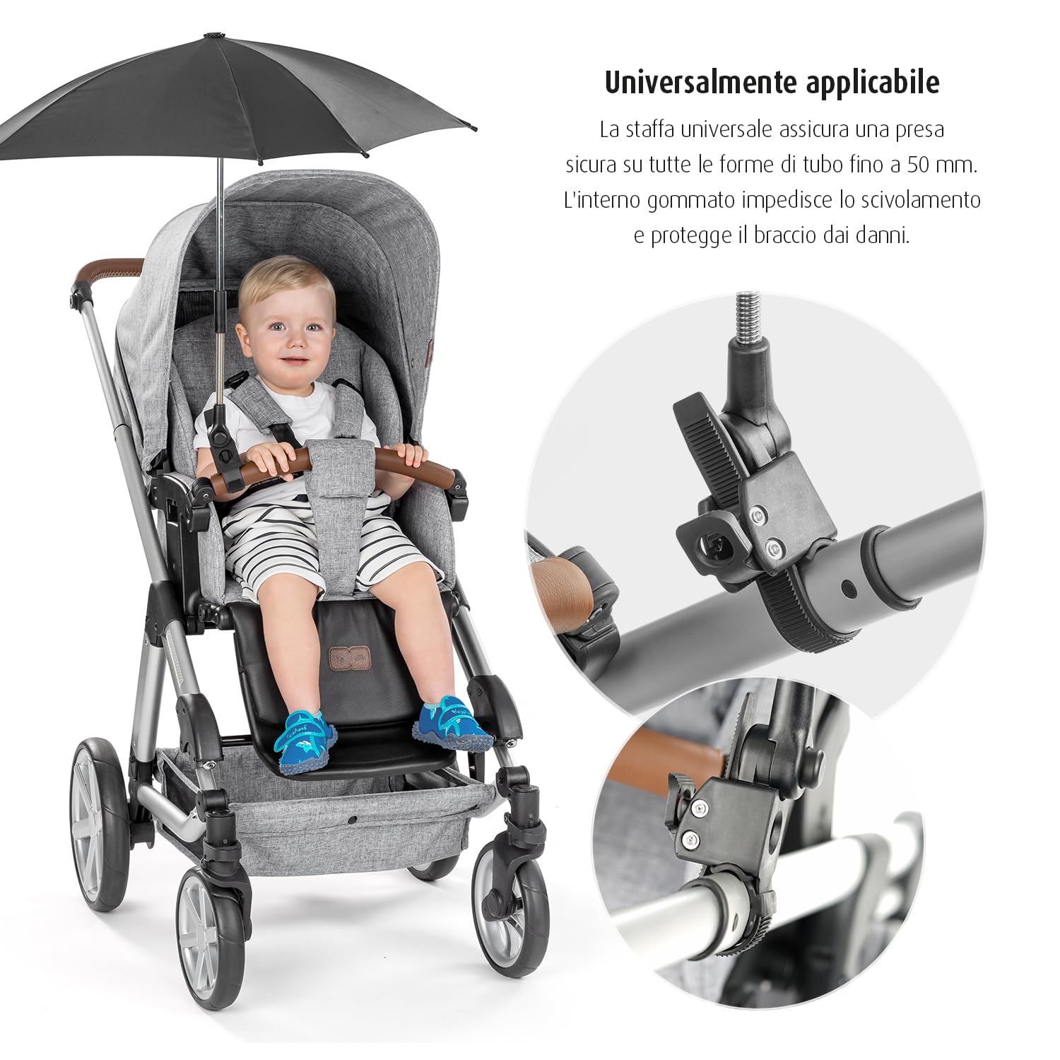 reer ShineSafe - Ombrellone universale per passeggino, girevole e inclinabile, colore: Nero