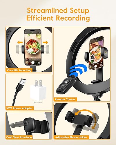 Miniatura 7 de Anillo de luz con soporte para escritorio, soporte de teléfono superior ajustable con trípode de luz de anillo de 10 pulgadas para iPhone, trípode