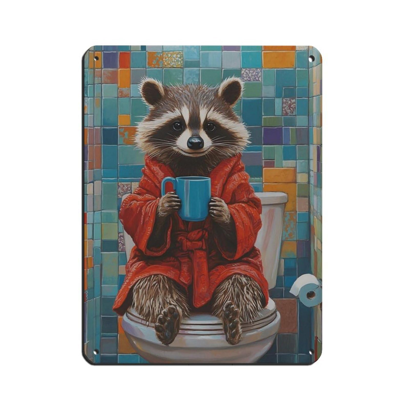 Cute Raccoon, Raccoon in Bathroom Retro Poster Metal Tin Sign Chic Art Retro Iron Painting Bar People Cave Cafe Family Garage Poster Wall Decoration 12x16inch(30x40cm)