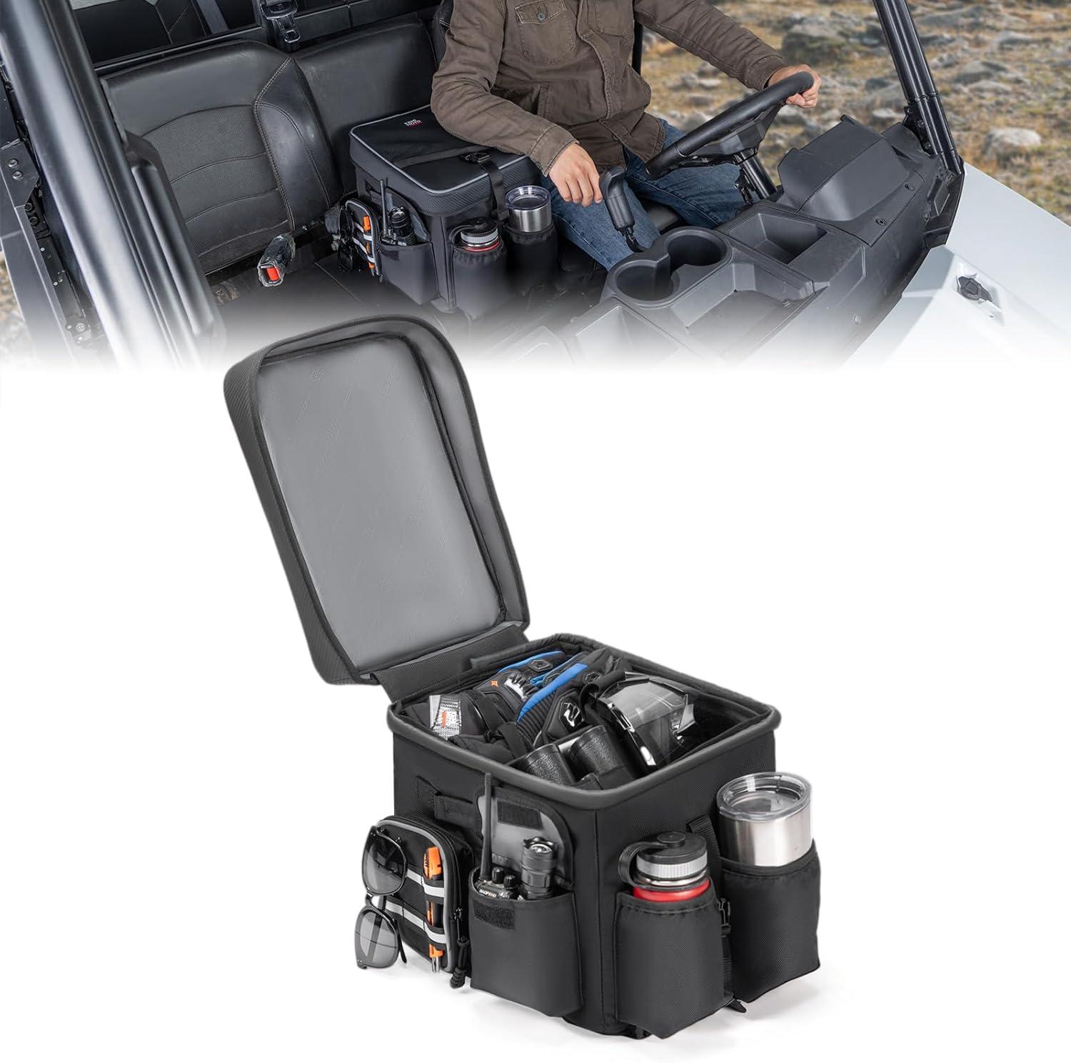 KEMIMOTO UTV Center Console Bench Seat Box, 1680D Oxford Cloth Water Resistant 18L Seat Storage Bag Armrest Storage Box Tool Organizer, Compatible with Polaris Ranger Can-Am Defender CFMOTO Uforce