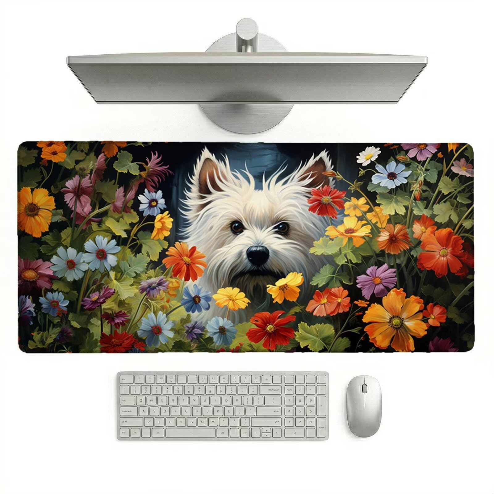 Alfombrilla Ratón XXL 1200 x 600 x 3 mm, Alfombrilla Escritorio, Flor Grande Protector de Mesa con Base de Goma Antideslizante y Bordes Cosidos, Impermeable, para Oficina, PC, Gaming (Perro) L-x3558