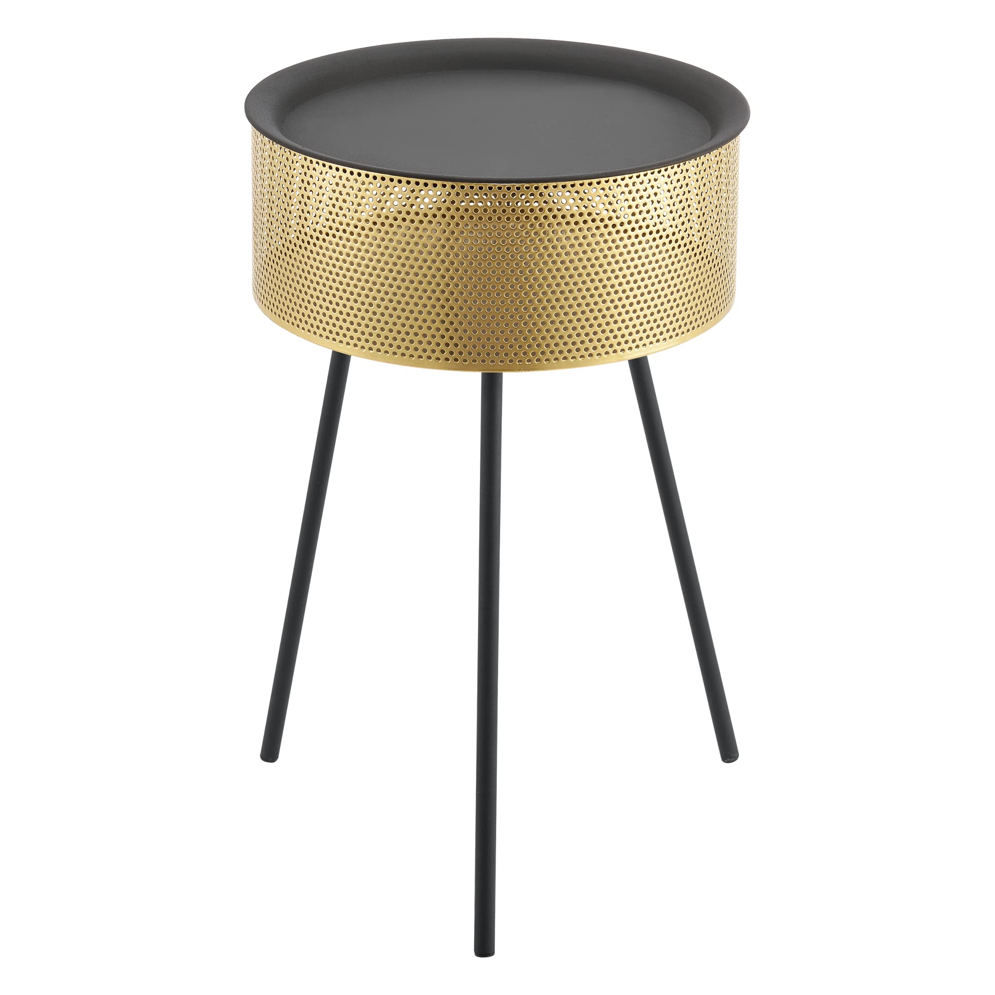 [en.casa] Tavolino da Salotto (AxØ) 65 x 40 cm con Contenitore Color Oro e Piano Tondo Rimovibile, Tavolino Basso in Metallo di Stile Treppiedi - Nero/Oro