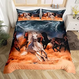 Horse Bedding Set Boys Teens 3D Wild Animal Pattern Comforter Cover Western Farmhouse Theme Cowboys Duvet Cover King Size Africa Wild Horses Printed Lightning Decor Bedspread with Zipper Closure