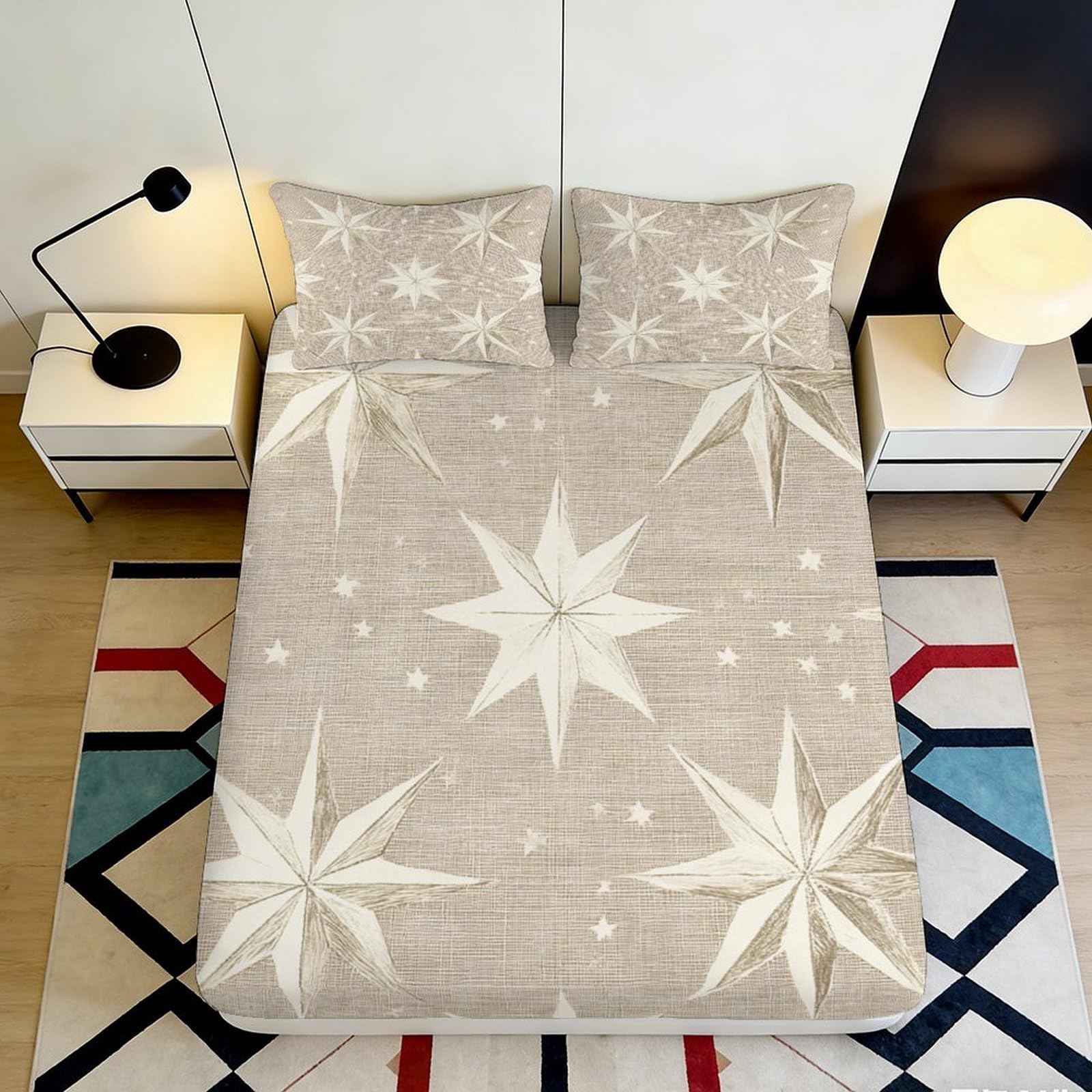 3D Printed Beige Star Pattern Fitted Sheet Microfiber Soft Bedroom Decor Snowflake Mattress Cover Anti-Slip Machine Washable 90x200x25cm