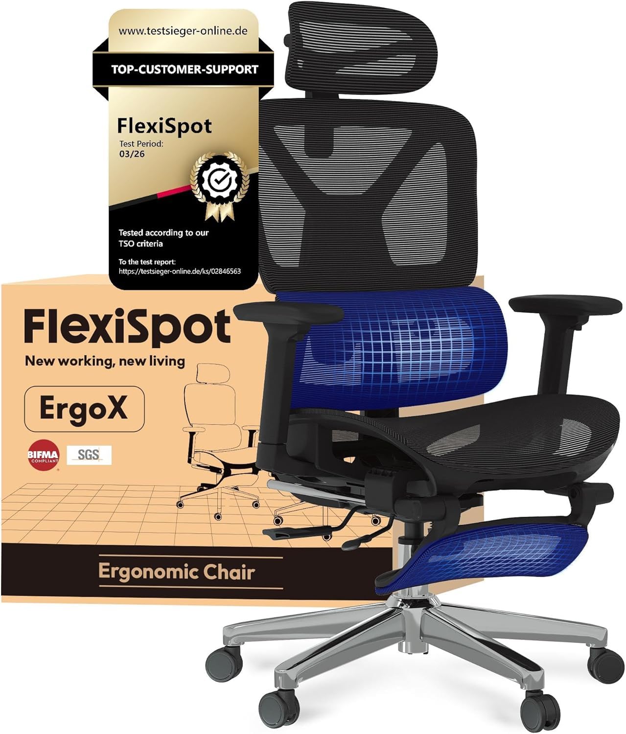 FLEXISPOT ErgoX Ergonomic Office Chair with Footrest for Home Office, Desk Chair with 3D Armrests, 3D Headrest, 5D Adjustable Backrest, Breathable Seat, Maximum Load 136 kg,Mesh Office Chair,Black