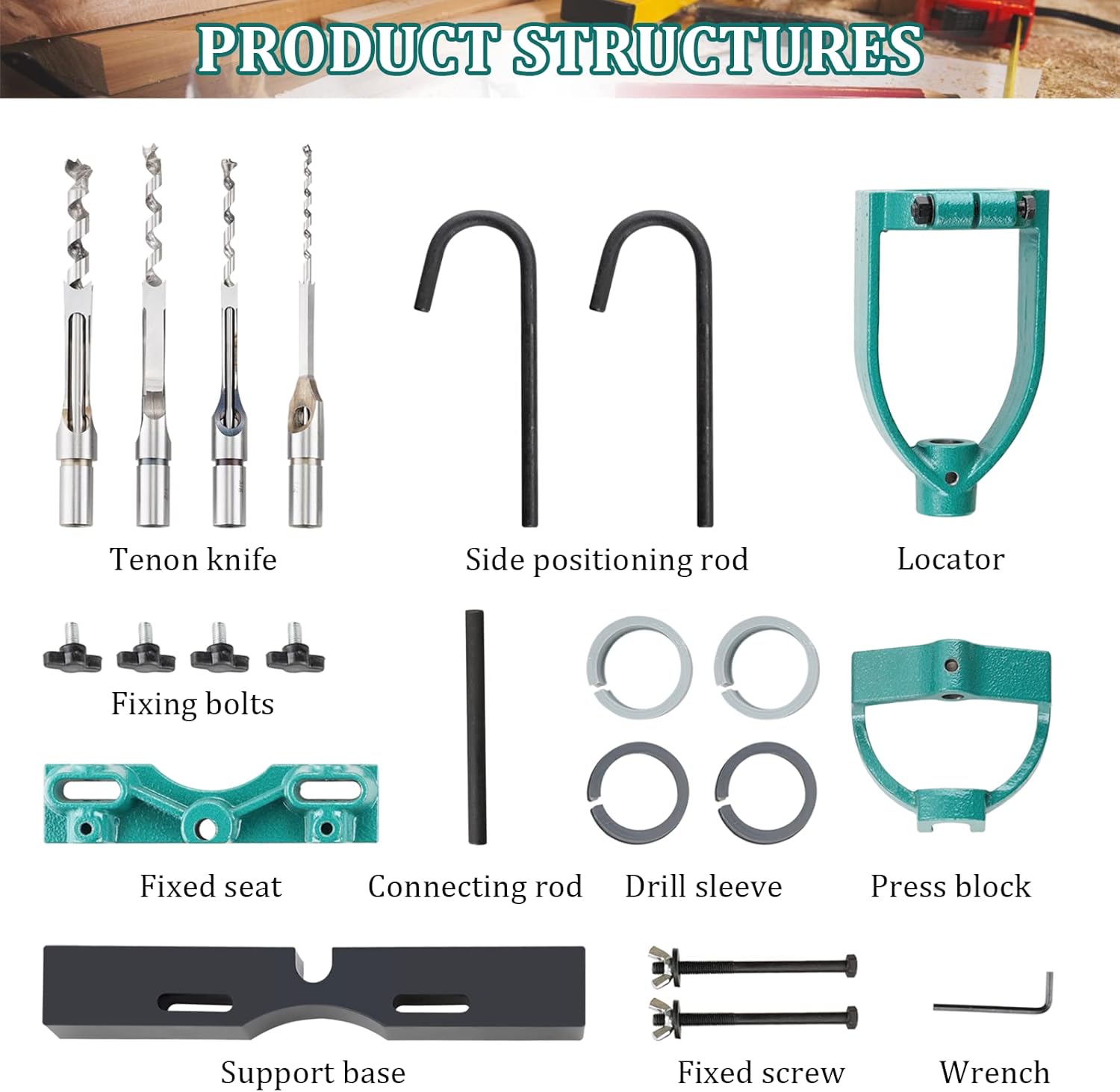 YUCHENGTECH Bench Drill Locator Set Woodworking Bench Mortiser Square Hole Chisel Drilling Machine Mortising Bench Drill Tool for Mortising Chisels with 4 Bits Steel