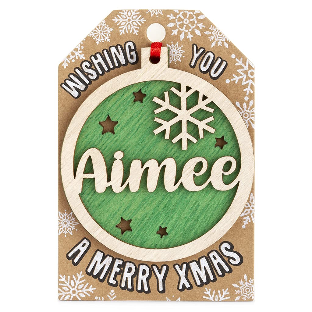 Personalised Wooden Aimee Name Green Hanging Christmas Tree Bauble Decoration