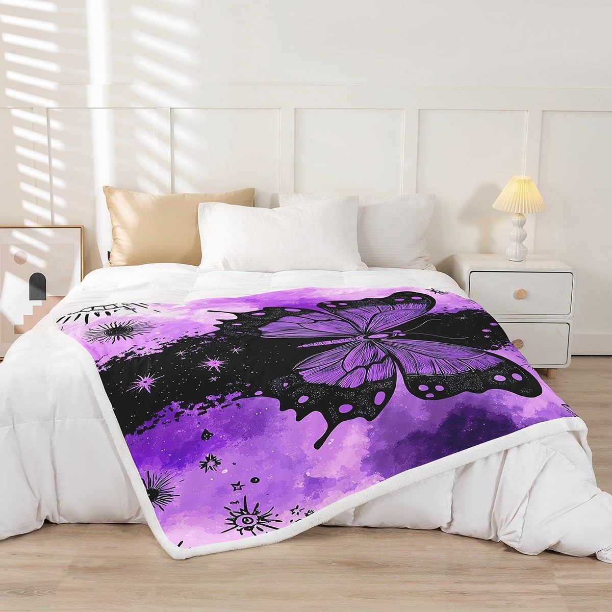 Erosebridal Purple Butterfly Throw Blanket Boho Exotic Mandala Printed Blanket for Girls Women Sun and Moon Decor Fleece Blanket Bohemian Flying Butterfly Pattern Moth Print Fuzzy Blanket 60"x80"