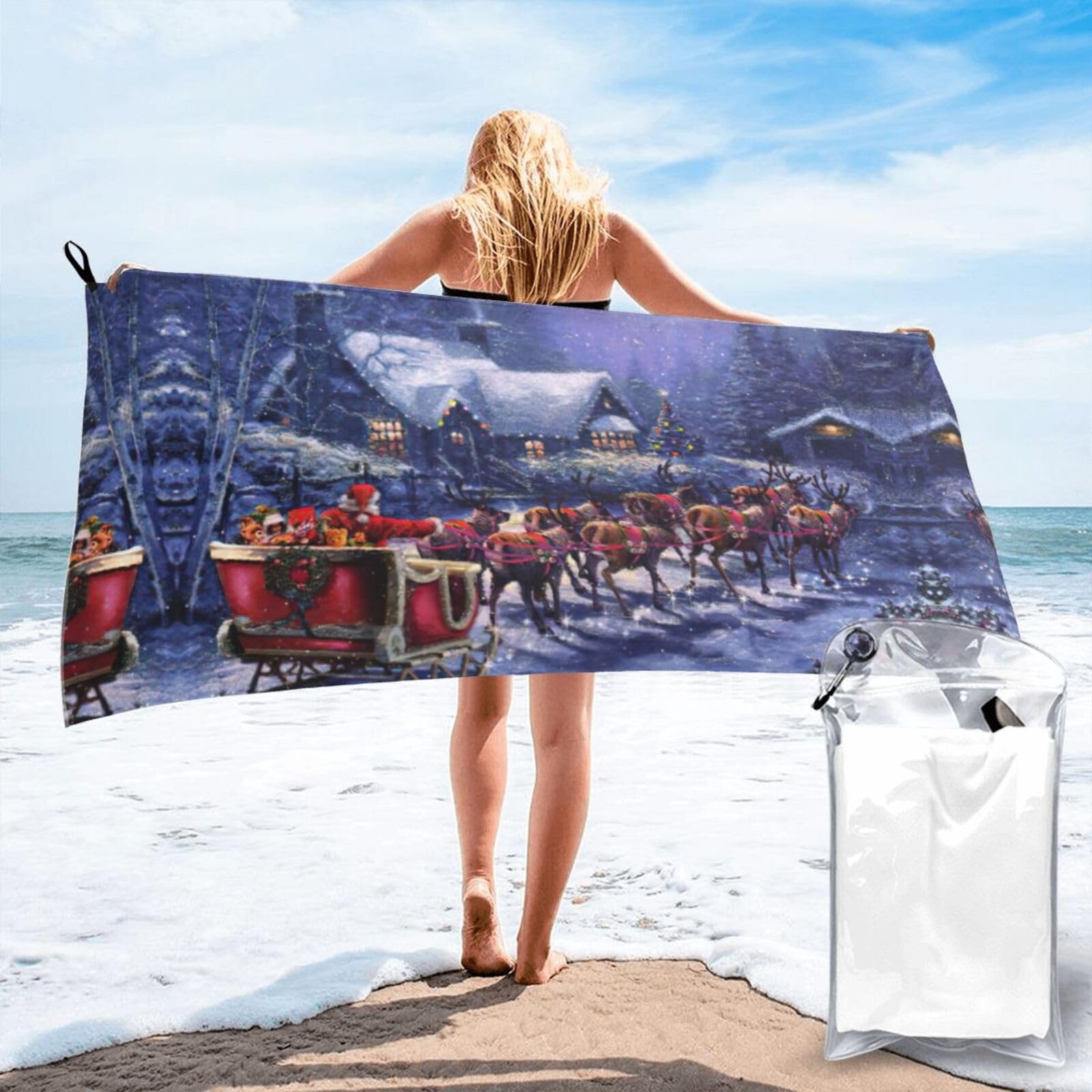 ENGhjes Snow Night Santa And Deer Print Camping Towel Fast Drying Bath Beach Shower Wrap For Gym Camping Vacation Adults Portable Gift