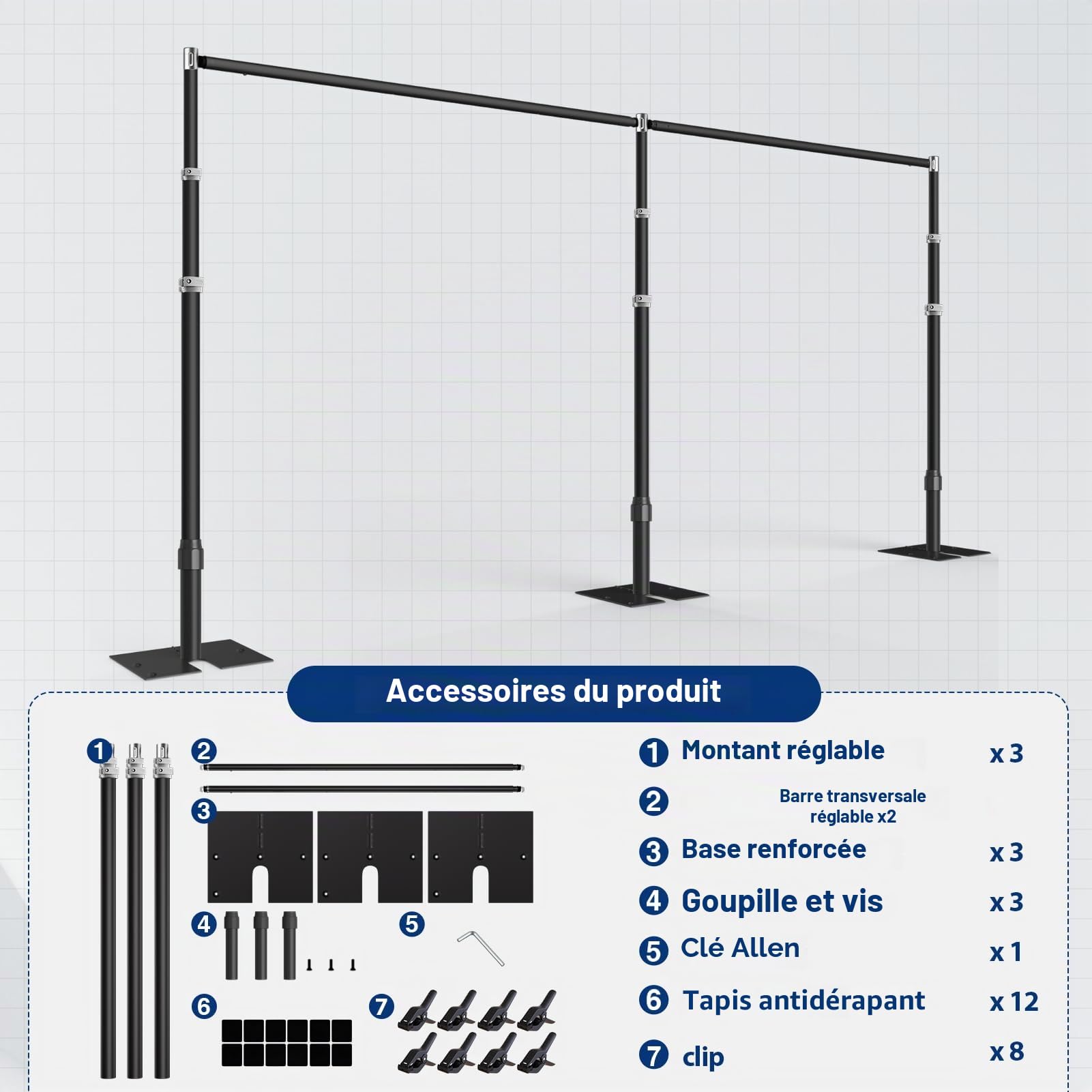 EMART Support de Fond Photo Heavy Duty 3x6M, Tube Crossbar et Drapages Système de Fond, Cadre Métallique Réglable avec Base Plat pour Mariage, Anniversaire Décorations de Fêtes - Noir