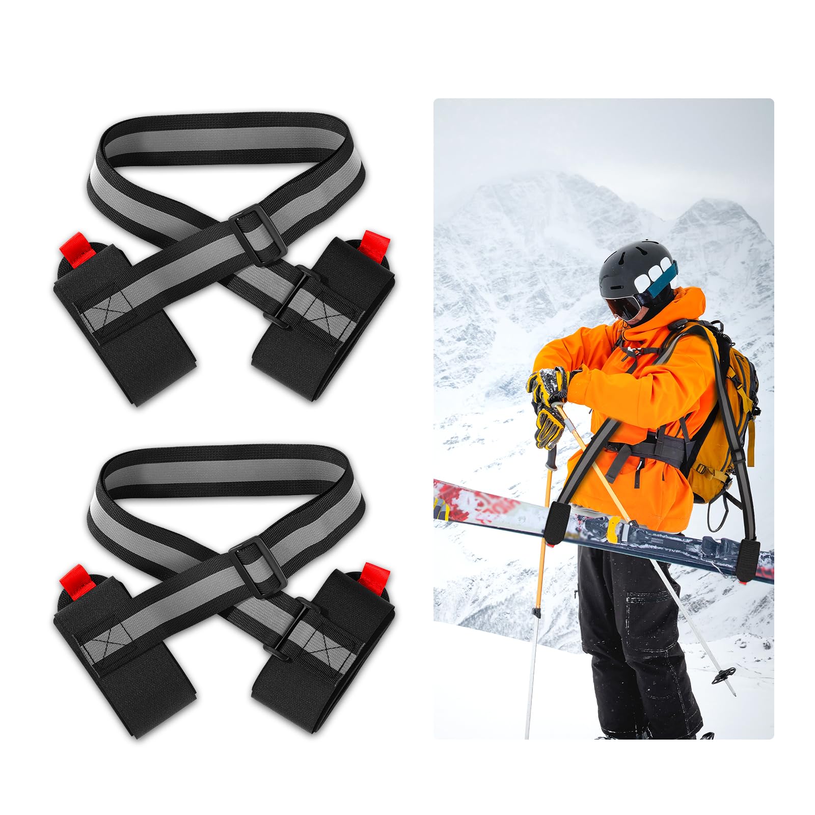 2pcs Ski Straps for Carrying, Adjustable Ski Carrier Strap with Reflective Strip Ski Fastener Strap Ski Shoulder Carrier Snowboard Ski Pole Straps for Winter Sports Accessories (Black)