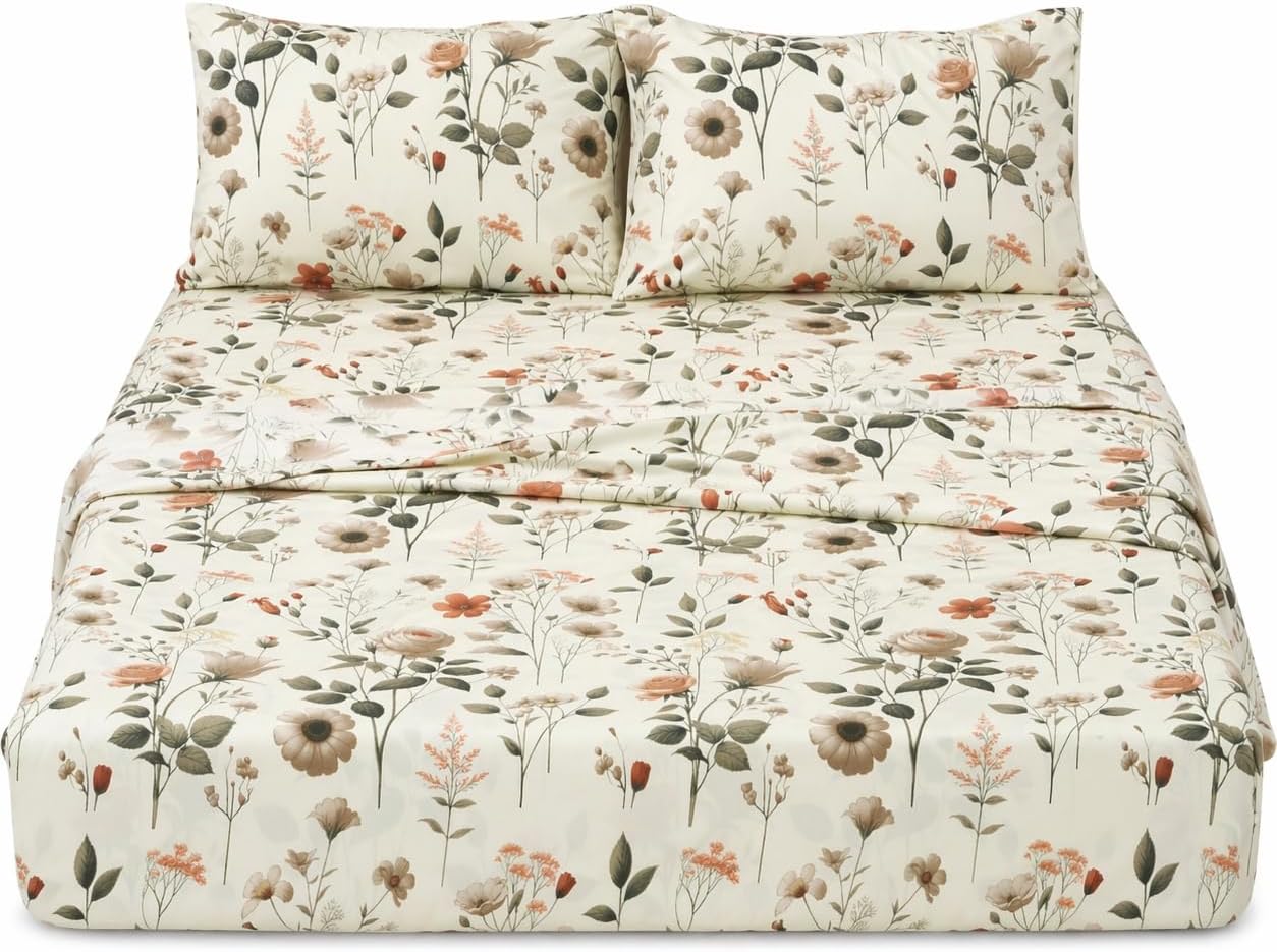 DaDa Bedding Collection Enchanted Meadow Bed Sheet Set - Floral Harmony in Beige, Rose, and Soft Green, Premium Soft Microfiber, Machine Washable, Deep Pocket 14-15 Inches + Flat Sheet (Full)