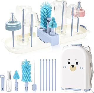 Babyflaschenbürsten zur Reinigung von Babyflaschenreiniger, Bürste, Reisesterilisator für Baby-Reise-Essentials mit Silikonflasche/Nippel/Strohhalmbürste (Blue)