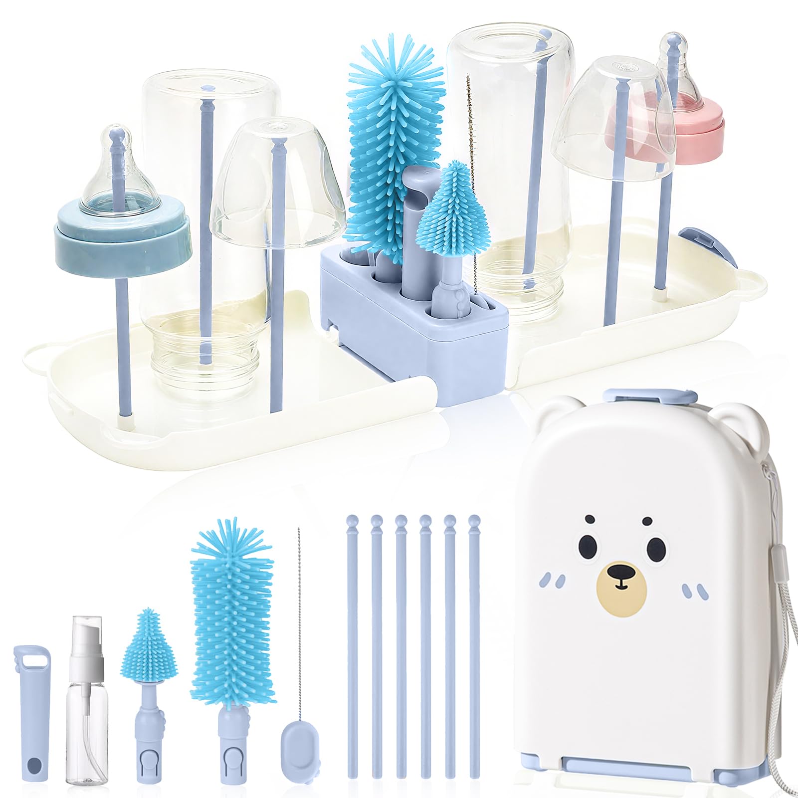 Babyflaschenbürsten zur Reinigung von Babyflaschenreiniger, Bürste, Reisesterilisator für Baby-Reise-Essentials mit Silikonflasche/Nippel/Strohhalmbürste (Blue)
