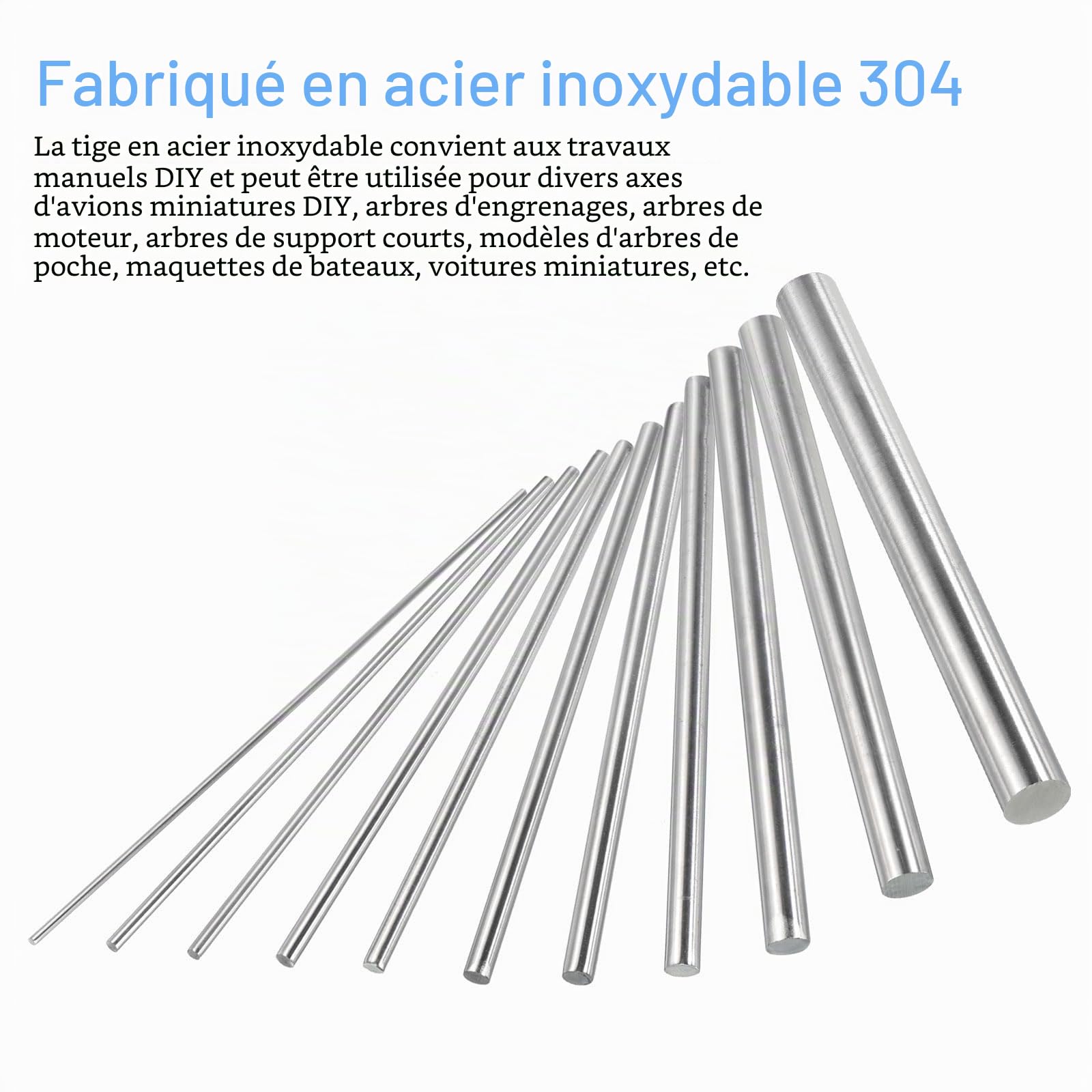sourcing map 304 Inox Acier Rond Tiges, 6mm x 400mm Solide Arbre Tiges pour DIY Artisanat Modèle Voiture Hélicoptère Avion, Paquet de 4