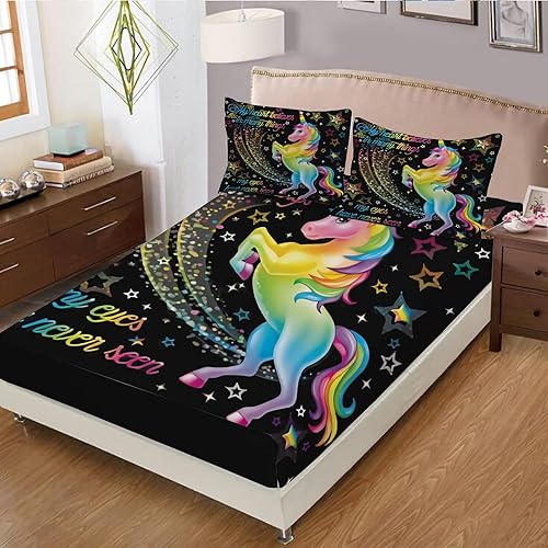 Miniatura 8 de Juego de sábanas bajeras y fundas de almohada tamaño individual de unicornio, paquete de 2, ropa de cama con letras arcoíris mágicas para niños