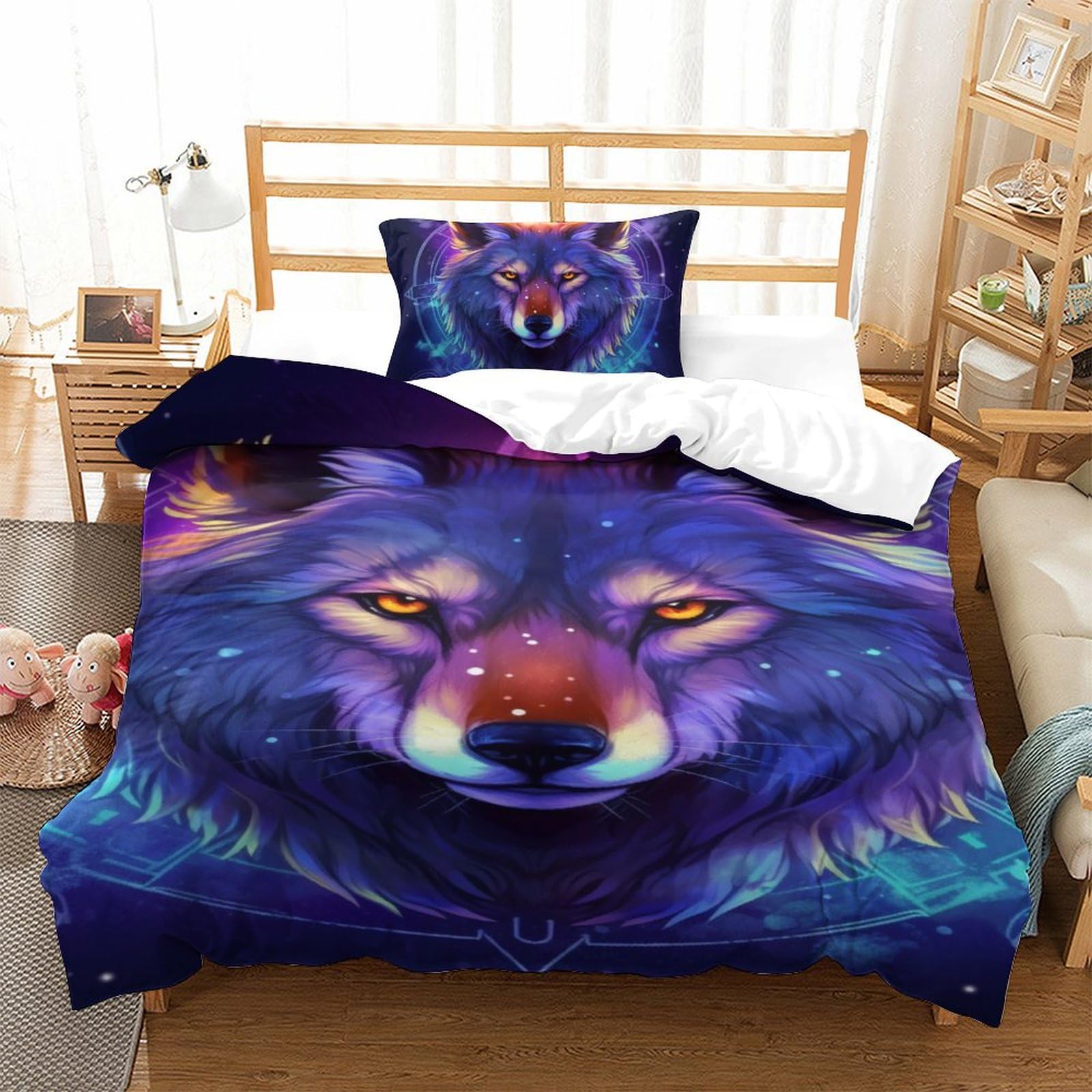 Parure de lit loup 3D avec housse de couette single 135x200 et taie d'oreiller