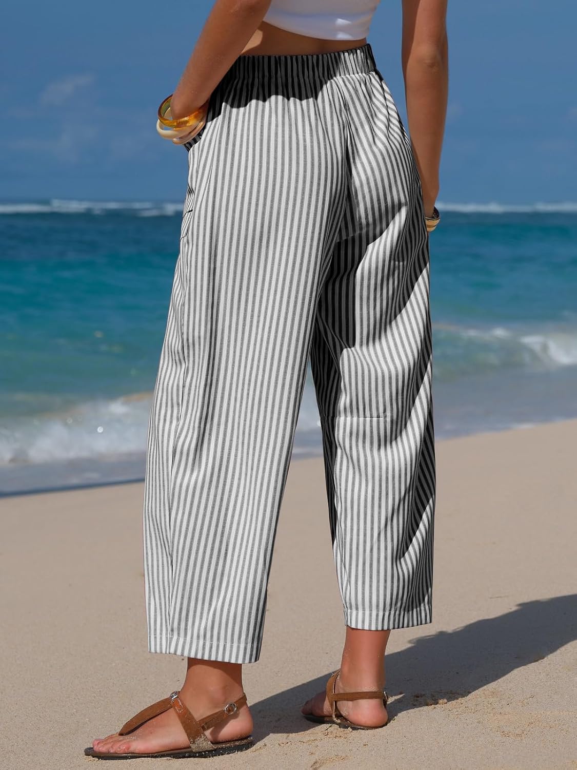 EXLURA Womens Faux Linen Striped Barrel Pants Comfy Drawstring Capri Pant with Pockets Summer Beach Vacation Lounge Trousers - Image 3