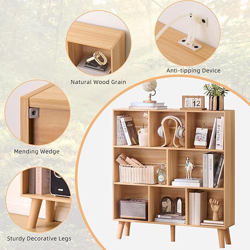 Miniatura 7 de LEYAOYAO Estantería de madera de 8 cubos, estantería natural de 3 niveles con patas, organizador de almacenamiento abierto moderno, estantería