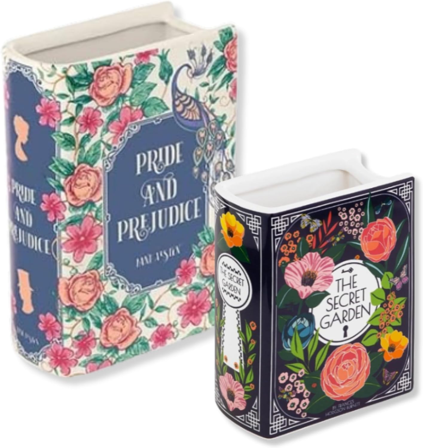 Steel Mill & Co Book-Shaped, Ceramic, Decorative Vase, Small - Secret Garden Bundle with Book-Shaped Decorative Vase, Large - Pride and Prejudice