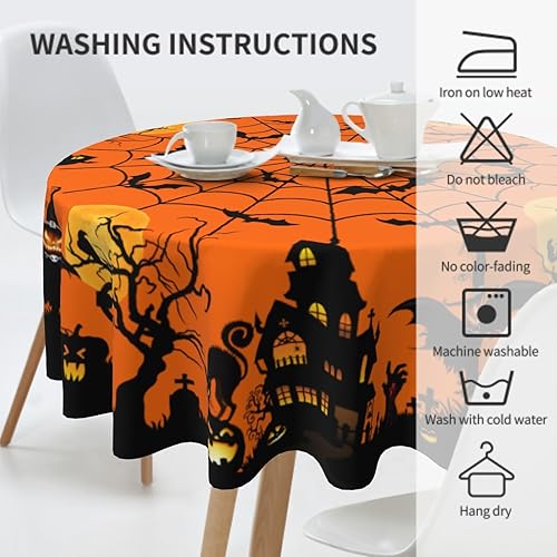 Miniatura 3 de Giwawa Mantel redondo de Halloween de 60 pulgadas, mantel circular de castillo de calabaza, gato, negro, naranja, murciélago, araña, reutilizable,